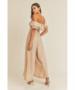 J+j Taupe Lace Off The Shoulder Ruffle Women's Jumper Rompers + Jumpers