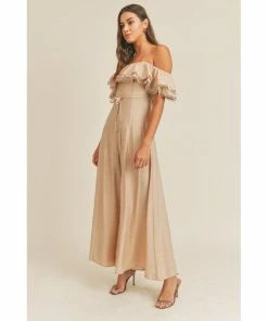 J+j Taupe Lace Off The Shoulder Ruffle Women's Jumper Rompers + Jumpers