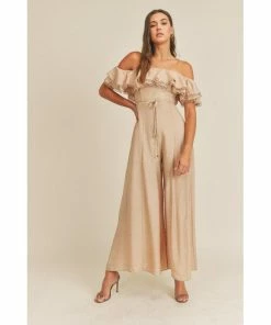 J+j Taupe Lace Off The Shoulder Ruffle Women's Jumper Rompers + Jumpers