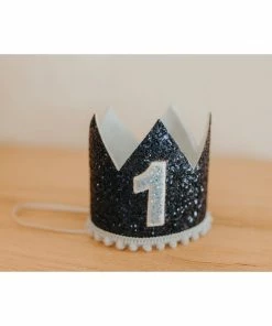 Cutest Little Party # 1 Navy Glitter + Baby Blue Pom Trim + White Glitter Crown