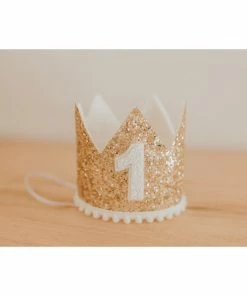 Cutest Little Party Party Time # 1 Gold Glitter + White Pom Trim + White Glitter Crown