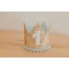 Cutest Little Party Party Time # 1 Gold Glitter + Baby Blue Pom Trim + White Glitter Crown