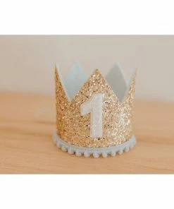 Cutest Little Party Party Time # 1 Gold Glitter + Baby Blue Pom Trim + White Glitter Crown