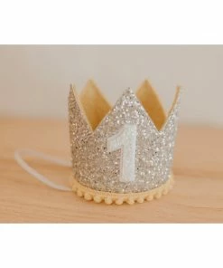 Cutest Little Party # 1 Silver Glitter + Mustard Pom Trim + White Glitter Crown