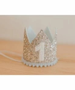 Cutest Little Party # 1 Silver Glitter + Baby Blue Pom Trim + White Glitter Crown Crowns