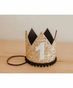 Cutest Little Party # 1 Gold Glitter + Black Pom Trim + White Glitter Crown