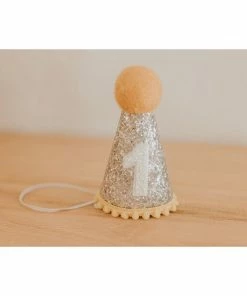Cutest Little Party Party Time # 1 Silver Glitter + Mustard Pom Trim + White Glitter Party Hat