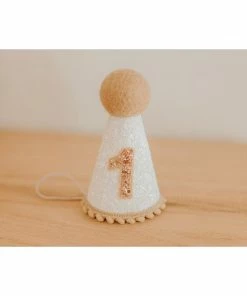 Cutest Little Party # 1 White Glitter + Toast Pom Trim/white Lining + Toast Felt Party Hat