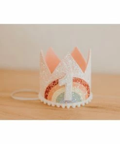Cutest Little Party Party Time # 1 Baby Pink Glitter + Pastel Rainbow + White Glitter Crown