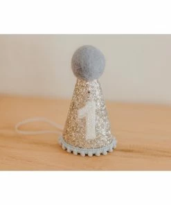 Cutest Little Party # 1 Silver Glitter + Baby Blue Pom Trim + White Glitter Party Hat