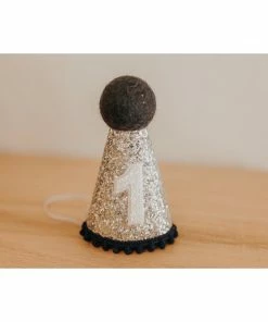 Cutest Little Party Party Time # 1 Silver Glitter + Navy Pom Trim + White Glitter Party Hat