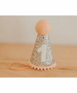 Cutest Little Party Party Time # 1 Silver Glitter + Blush Pom Trim + White Glitter Party Hat