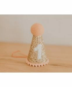 Cutest Little Party # 1 Gold Glitter + Blush Pom Trim + White Glitter Party Hat Party Time