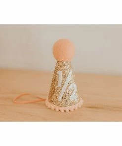 Cutest Little Party # 1/2 Gold Glitter + Blush Pom Trim + White Glitter Party Hat Party Time