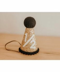 Cutest Little Party # 1/2 Gold Glitter + Black Pom Trim + White Glitter Party Hat