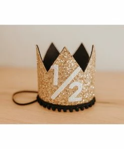 Cutest Little Party Party Time # 1/2 Gold Glitter + Black Pom Trim + White Glitter Crown
