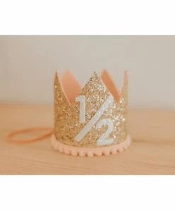 Cutest Little Party Party Time # 1/2 Gold Glitter + Blush Pom Trim + White Glitter Crown