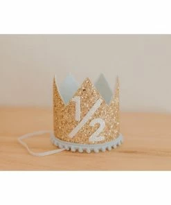 Cutest Little Party Party Time # 1/2 Gold Glitter + Baby Blue Pom Trim + White Glitter Crown
