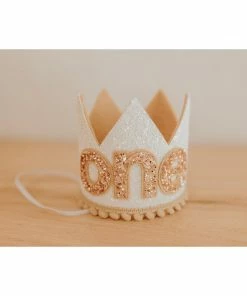 Cutest Little Party | One | White Glitter + Toast Pom Trim/white Lining + Rose Gold/toast Felt Crown Party Time