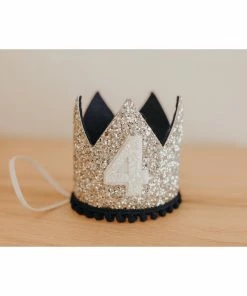Cutest Little Party # 4 Silver Glitter + Navy Pom Trim + White Glitter Crown Party Time