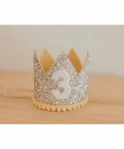 Cutest Little Party # 3 Silver Glitter + Mustard Pom Trim + White Glitter Crown Crowns