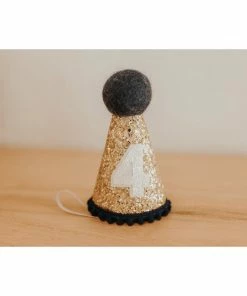Cutest Little Party # 4 Gold Glitter + Navy Pom Trim + White Glitter Party Hat Party Time