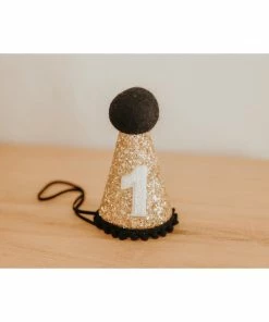 Cutest Little Party Party Time # 1 Gold Glitter + Black Pom Trim + White Glitter Party Hat