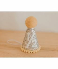 Cutest Little Party # 1/2 Silver Glitter + Mustard Pom Trim + White Glitter Party Hat