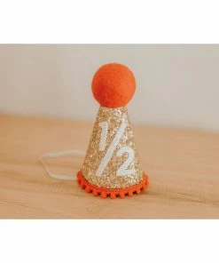Cutest Little Party # 1/2 Gold Glitter + Red Pom Trim + White Glitter Party Hat