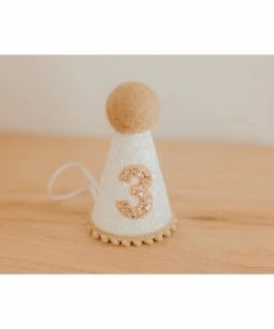 Cutest Little Party # 3 White Glitter + Toast Pom Trim/white Lining + Toast Felt Party Hat