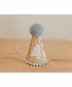 Cutest Little Party Party Time # 4 Gold Glitter + Baby Blue Pom Trim + White Glitter Party Hat