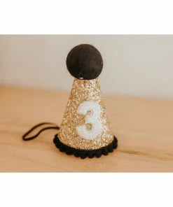 Cutest Little Party Party Time # 3 Gold Glitter + Black Pom Trim + White Glitter Party Hat