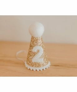Cutest Little Party # 2 Gold Glitter + White Pom Trim + White Glitter Party Hat