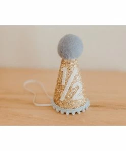 Cutest Little Party # 1/2 Gold Glitter + Baby Blue Pom Trim + White Glitter Party Hat Party Time
