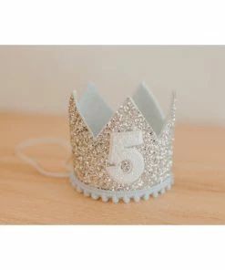 Cutest Little Party Party Time # 5 Silver Glitter + Baby Blue Pom Trim + White Glitter Crown