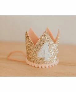 Cutest Little Party # 4 Gold Glitter + Blush Pom Trim + White Glitter Crown Party Time