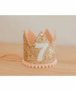 Cutest Little Party Party Time # 7 Gold Glitter + Blush Pom Trim + White Glitter Crown