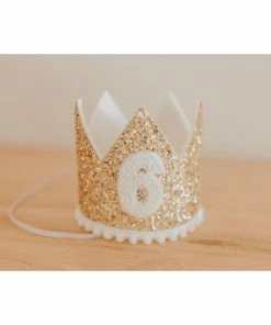Cutest Little Party # 6 Gold Glitter + White Pom Trim + White Glitter Crown