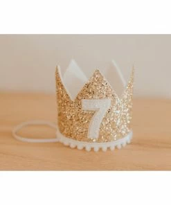 Cutest Little Party # 7 Gold Glitter + White Pom Trim + White Glitter Crown Party Time