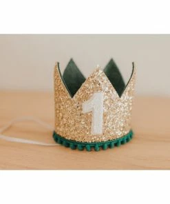 Cutest Little Party Crowns # 1 Gold Glitter + Emerald Green Pom Trim + White Glitter Crown