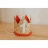 Cutest Little Party Party Time # 1 Gold Glitter + Red Pom Trim + White Glitter Crown