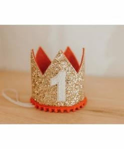 Cutest Little Party Party Time # 1 Gold Glitter + Red Pom Trim + White Glitter Crown