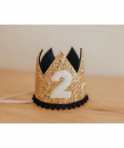 Cutest Little Party Party Time # 2 Gold Glitter + Navy Pom Trim + White Glitter Crown