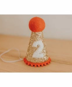 Cutest Little Party Party Time # 2 Gold Glitter + Red Pom Trim + White Glitter Party Hat