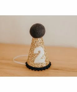 Cutest Little Party # 2 Gold Glitter + Navy Pom Trim + White Glitter Party Hat