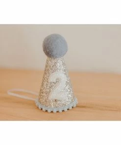 Cutest Little Party # 2 Silver Glitter + Baby Blue Pom Trim + White Glitter Party Hat