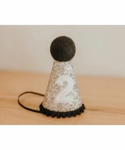 Cutest Little Party # 2 Silver Glitter + Black Pom Trim + White Glitter Party Hat Party Time