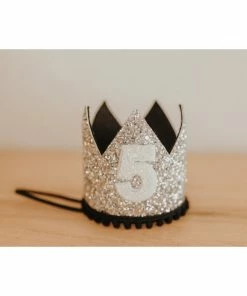 Cutest Little Party Party Time # 5 Silver Glitter + Black Pom Trim + White Glitter Crown