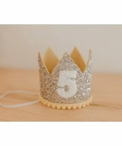Cutest Little Party # 5 Silver Glitter + Mustard Pom Trim + White Glitter Crown Party Time