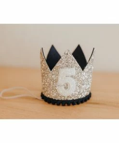 Cutest Little Party # 5 Silver Glitter + Navy Pom Trim + White Glitter Crown
